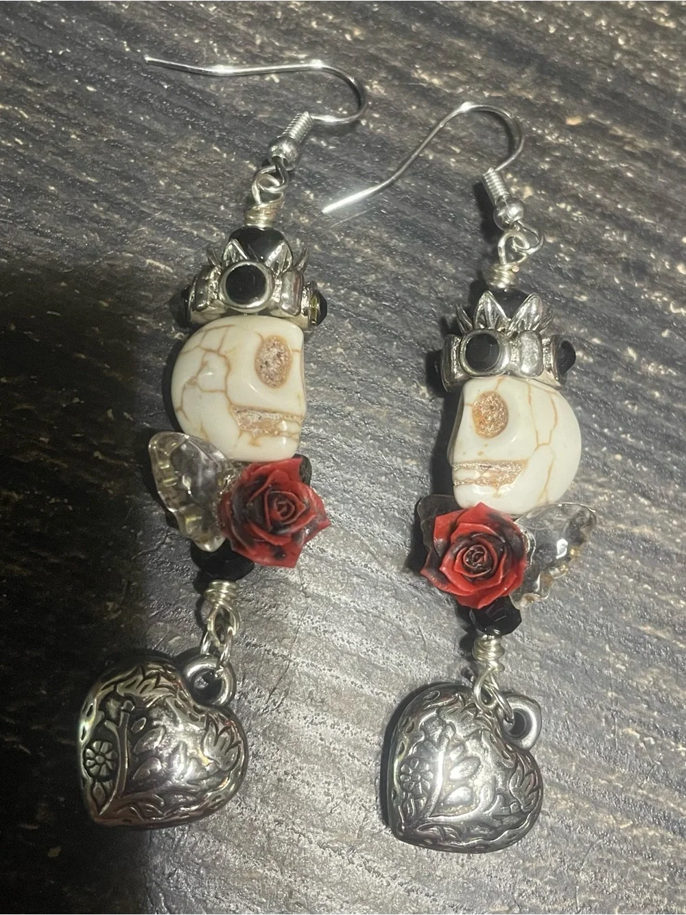 Red Rose Skull Drop Earrings with Silver Heart Charm